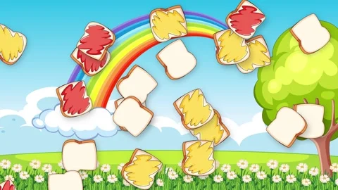 Cartoon Animation of Sliced Bread Falling Over a Rainbow Landscape 動画素材 340758905