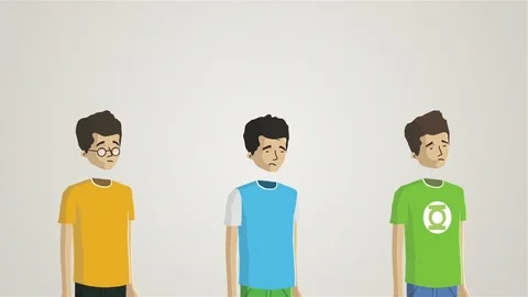 Cartoon animation with three young men and objects above their heads isolated on Stock Footage 103803235