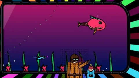 Cartoon Animation Of Visitors Watching Mechanical Fish In A Colorful Aquarium Stock Footage 341303553
