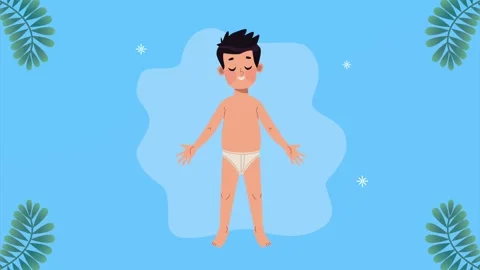 Cartoon animation of young boy standing in underwear with tropical leaf bac.. 動画素材 338314786