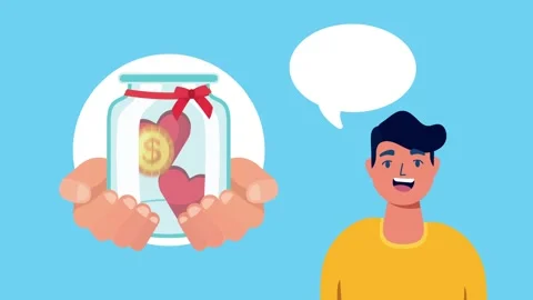 Cartoon animation of young man thinking about charitable donations and savi.. 库存影片 339216277