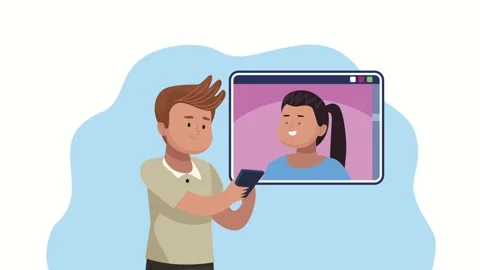 Cartoon animation of young man using smartphone to have video call with fri.. Stock-Footage 338422674