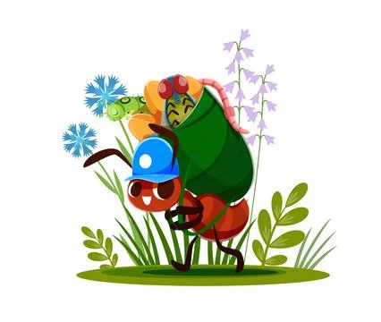 Cartoon ant carries insects vector summer scene Stock Illustration