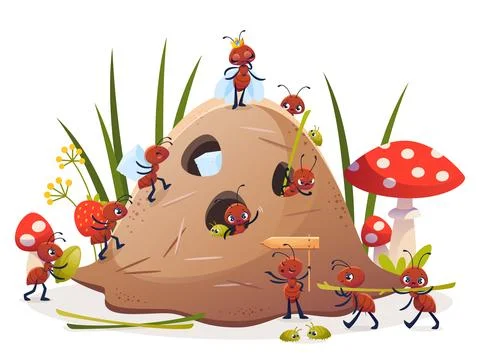 Cartoon anthill with funny ants. Tiny insects home in forest, cute characters Illustrazione stock