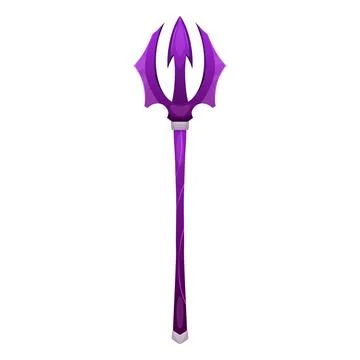 Cartoon antique trident vector icon, sharp blade saber with purple handle, game Stock Illustration