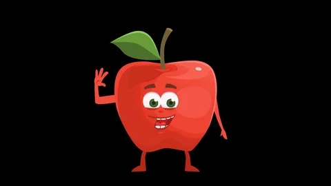 Cartoon Apple. 1th Pose Hi with Animated Face. Alpha Channel Stock Footage 72178371
