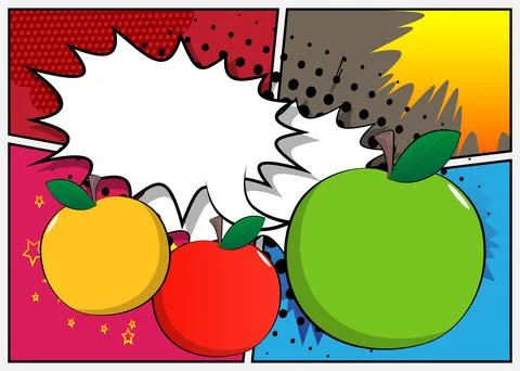 Cartoon Apple with blank speech bubble, comic book Fruit background. Retro .. Illustrazione stock