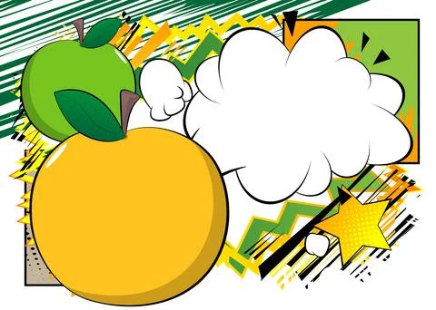 Cartoon Apple with blank speech bubble, comic book Fruit background. Retro .. Illustrazione stock