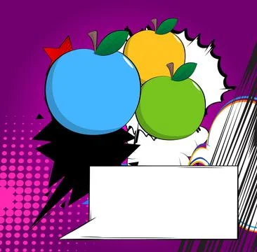 Cartoon Apple with blank speech bubble, comic book Fruit background. Retro .. イラスト素材