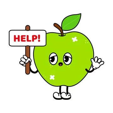 Cartoon apple character holding a Help sign and waving for assistance. Stock Illustration