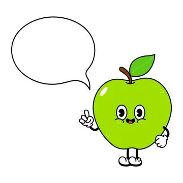 Cartoon apple character with a speech bubble pointing upwards on a white ba.. Illustrazione stock
