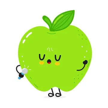 Cartoon apple joyfully singing while holding a microphone, radiating happines Stock Illustration