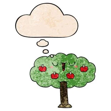 Cartoon apple tree and thought bubble in grunge texture pattern style イラスト素材