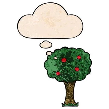 Cartoon apple tree and thought bubble in grunge texture pattern style Stock Illustration
