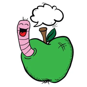 Cartoon apple with worm with speech bubble Stock Illustration