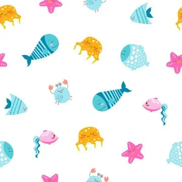 Cartoon aquatic animals. Seamless pattern. Stock Illustration