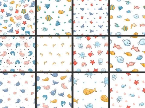 Cartoon aquatic animals. Seamless pattern. Stock Illustration