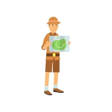 Cartoon archaeologist character studying the map Stock Illustration