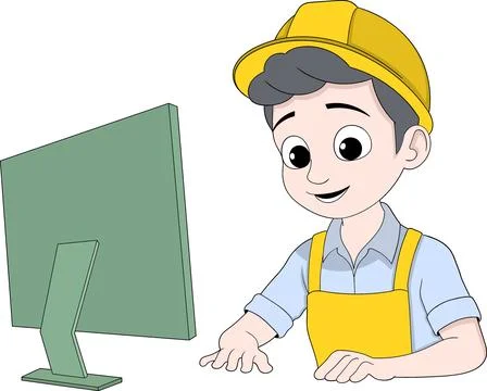 Cartoon Architect Working on Computer at Desk Stock Illustration
