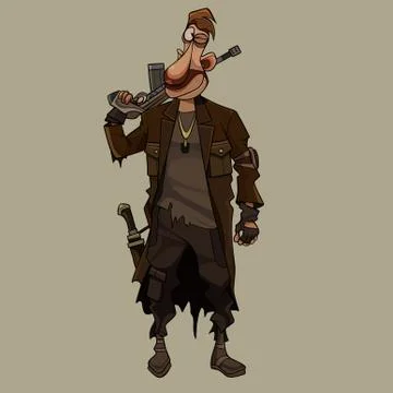 Cartoon armed man in post apocalypse clothes with a gun on his shoulder Stock Illustration
