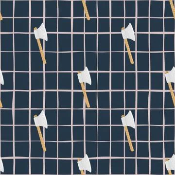 Cartoon armor seamless pattern with swedish viking ax ornament. Navy blue bac Illustrazione stock