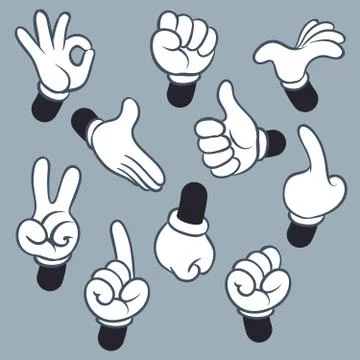 Cartoon arms. Various hands with different gesture, doodle gloved pointing hands Stock Illustration