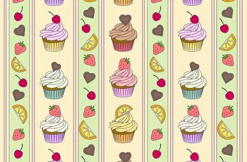 Cartoon assorted cupcakes pattern. Strawberry, chocolate lemon mint taste with Stock Illustration