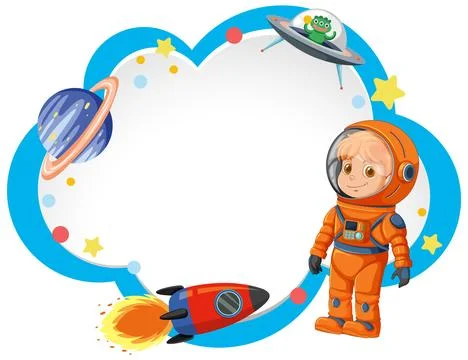 Cartoon Astronaut and Outer Space Elements Around Blank Cloud Frame Stock Illustration