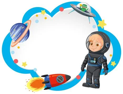 Cartoon Astronaut and Outer Space Elements Around Blank Cloud Frame Stock Illustration