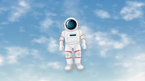 Cartoon Astronaut Floating in Blue Sky with Moving White Clouds Stock Footage 345197637
