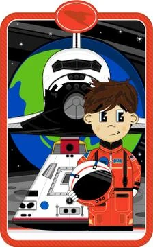 Cartoon Astronaut with Space Shuttle and Capsule Stock Illustration