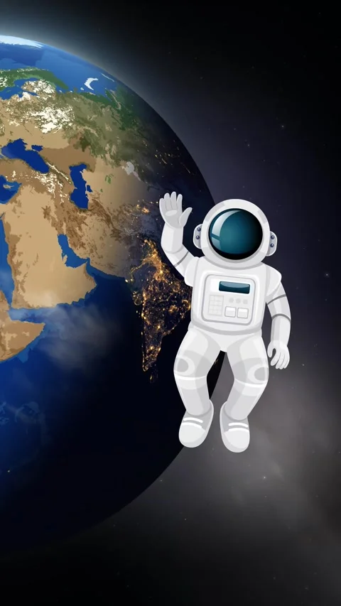 Cartoon Astronaut Waving in Front of Rotating Planet Earth in Space Stock Footage 345297168