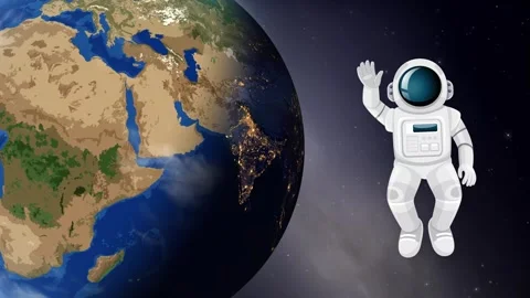 Cartoon Astronaut Waving in Front of Rotating Planet Earth in Space Stock Footage 346115013