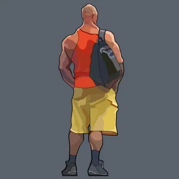 Cartoon athletic man with a backpack stands with his back Stock Illustration