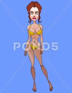 Cartoon Attractive Woman With A Beautiful Figure In A Yellow Bathing Suit