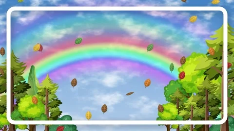 Cartoon Autumn Forest Sky Background with Rainbow and Falling Leaves Stock Footage 347345113