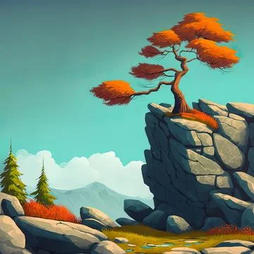 Cartoon autumn landscape lonely tree grow on rocks Stock Illustration