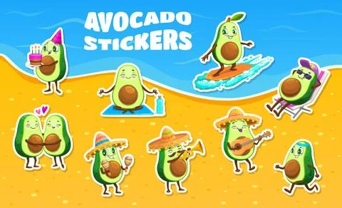Cartoon avocado characters stickers vector pack Stock Illustration