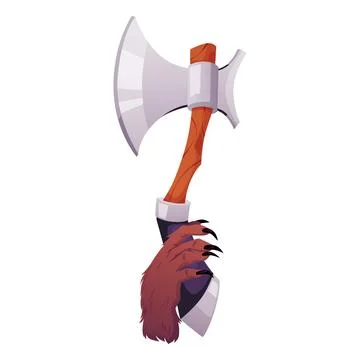 Cartoon axe weapon in monsters hand, vector game old weapon equipment, ancient Stock Illustration