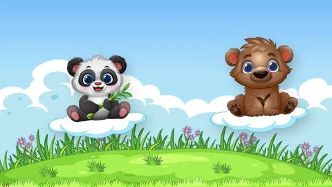 Cartoon Baby Animals Floating on Clouds Over Green Grassy Hill Stock Footage 340381691