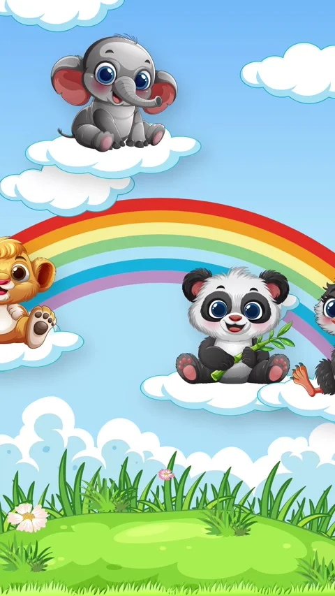 Cartoon Baby Animals Floating on Clouds Over a Rainbow Background Stock Footage 342316150