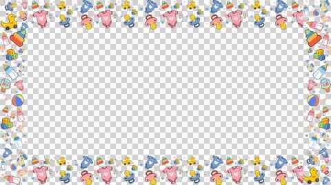 Cartoon baby border is featuring pacifiers, ducks and bottles on transparent Stock Illustration