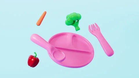Cartoon baby complementary food tableware, 3d rendering. Stock Footage 308949422