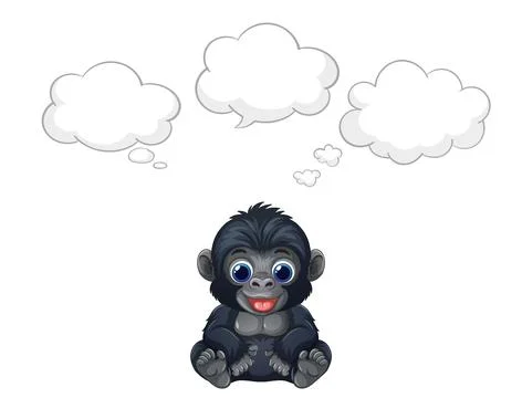 Cartoon Baby Gorilla Sitting with Empty Thought Bubbles Vector Illustration Stock Illustration