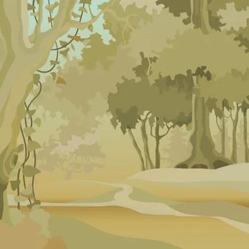 Cartoon background of a forest with deciduous trees in an ocher green range Stock Illustration