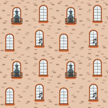 Cartoon background with framed windows with the wall of the house. Pattern with Stock Illustration