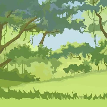 Cartoon background of green deciduous forest with big trees Stock Illustration
