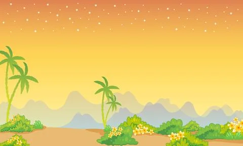 Cartoon background with palms at sunset vector 스톡 일러스트