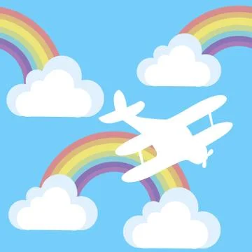Cartoon background with plane and clouds and rainbow in the sky 스톡 일러스트