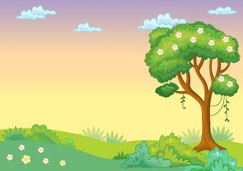 Cartoon background with trees and meadow vector illustration Stock Illustration